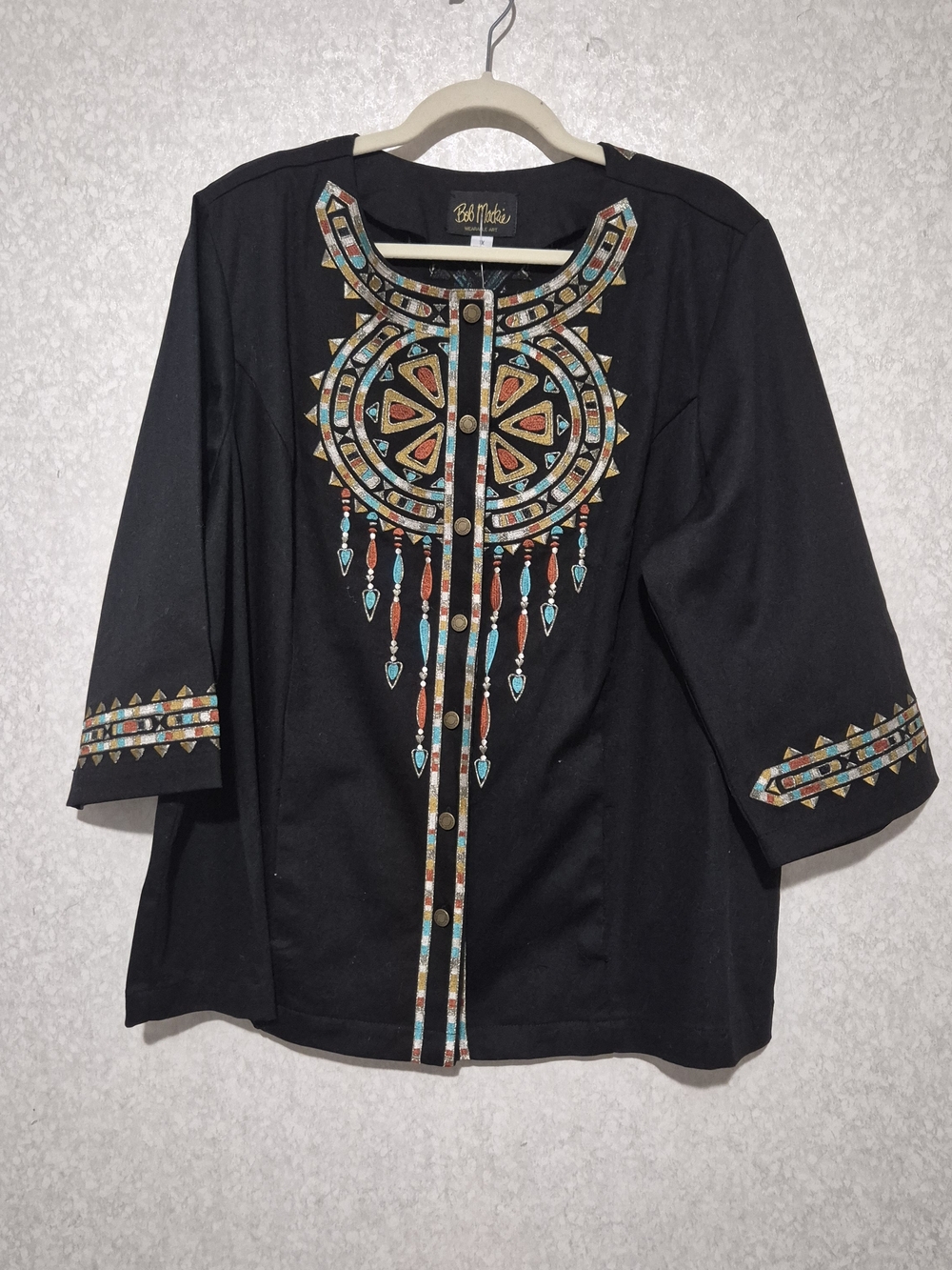 NWT Bob Mackie Black Embroidered Button-Front Tunic Top - Black-1X